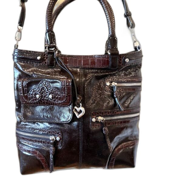 Brighton Kaelan Dark Brown Patent Leather Shoulder Bag - Picture 1 of 13
